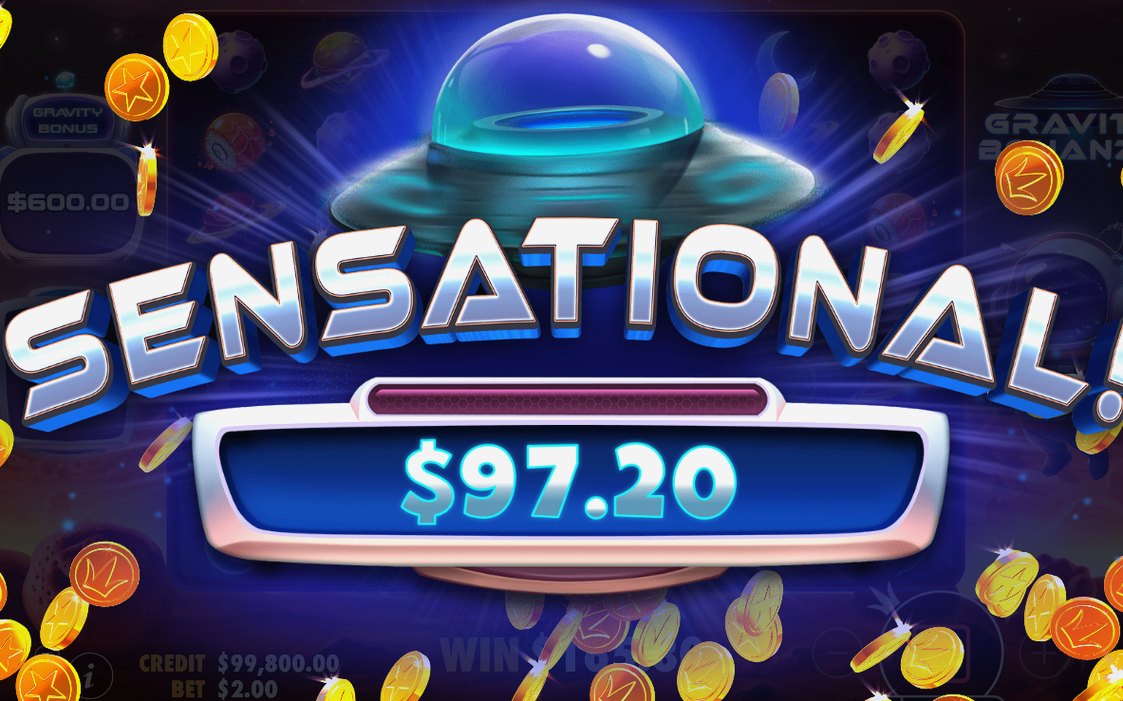 Vinstskärm efter tumble-vinster och GRAVITY BONUS